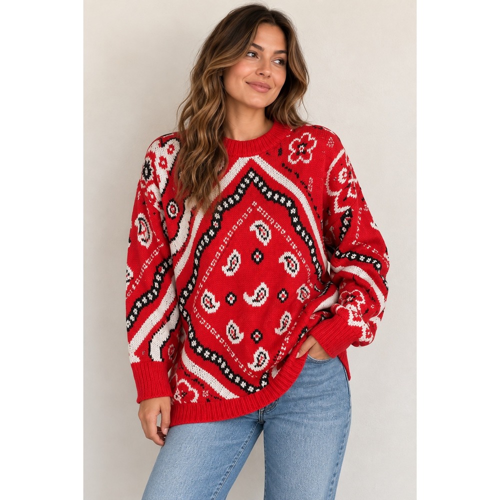 Traffic Jam Bandana Print Knit Sweater Red USA Made Vintage 80s Boho